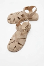Women Beige Suede Cage Sandals Elegant Strappy Block Heel Shoes Photograph-2